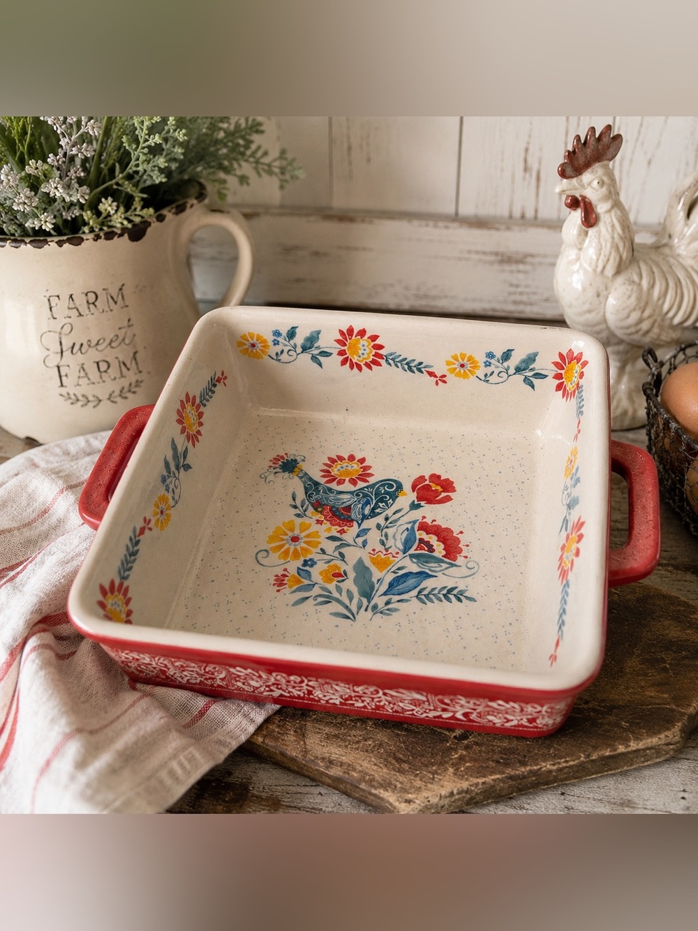 The Pioneer Woman Floral Rooster Square Stoneware Baking Dish Red Handles